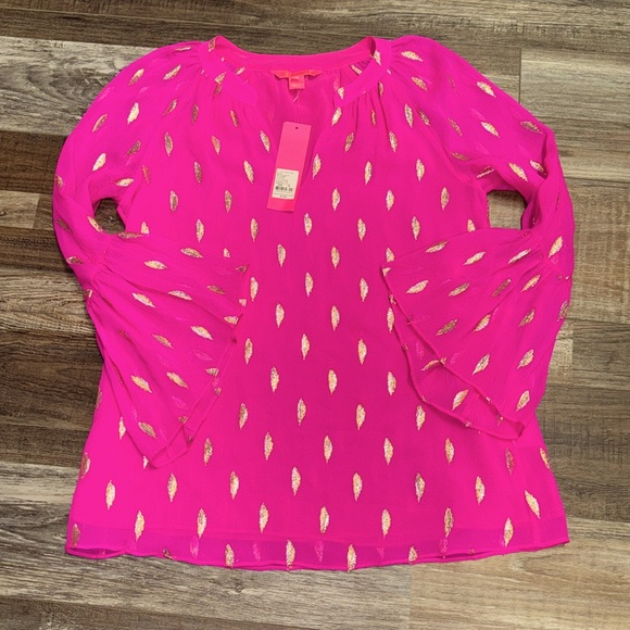 NWT Lily Pulitzer Blouse Extra Small XS Pink Gold Bell Sleeve Silk Top Boho - Picture 2 of 7